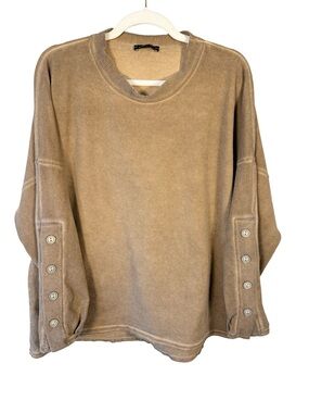 Made in Italy Relaxed Oversized Brown Button-Sleeve Raw Hem Sweatshirt Size L XL